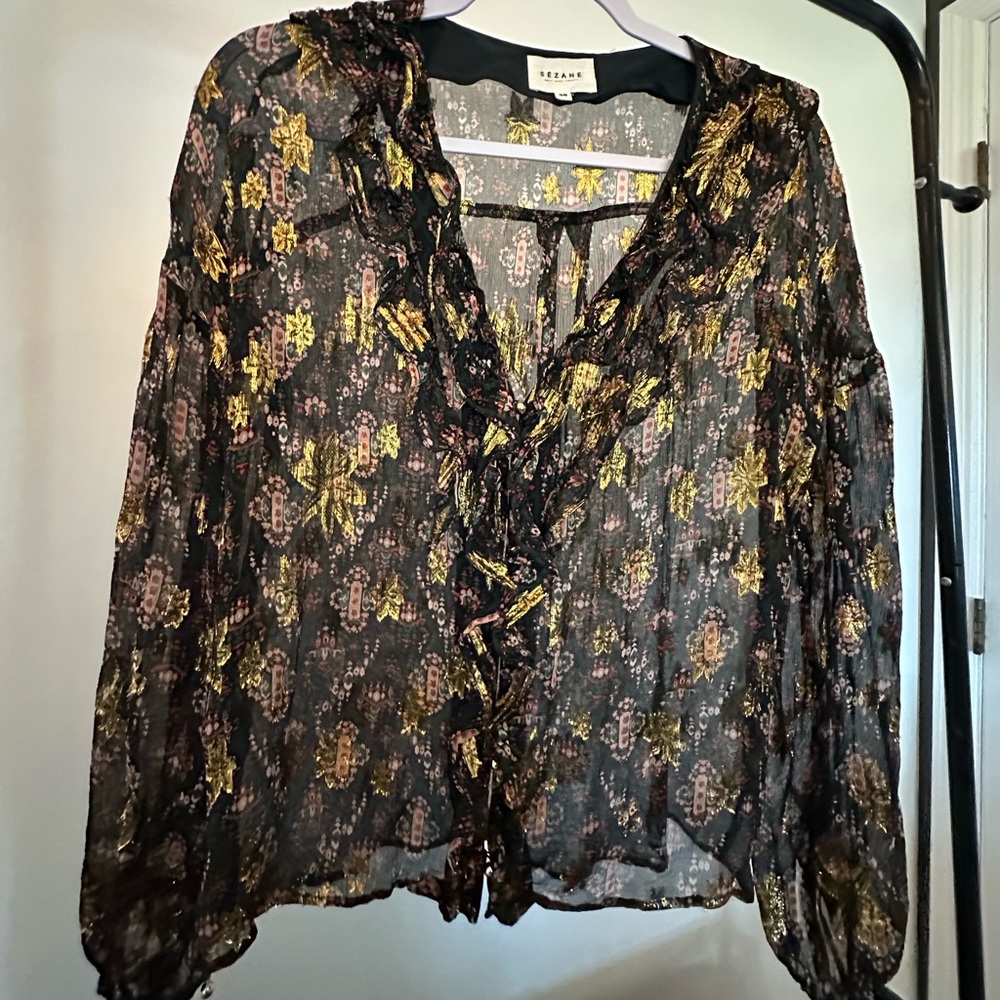 Sezane Blouse black and gold silk